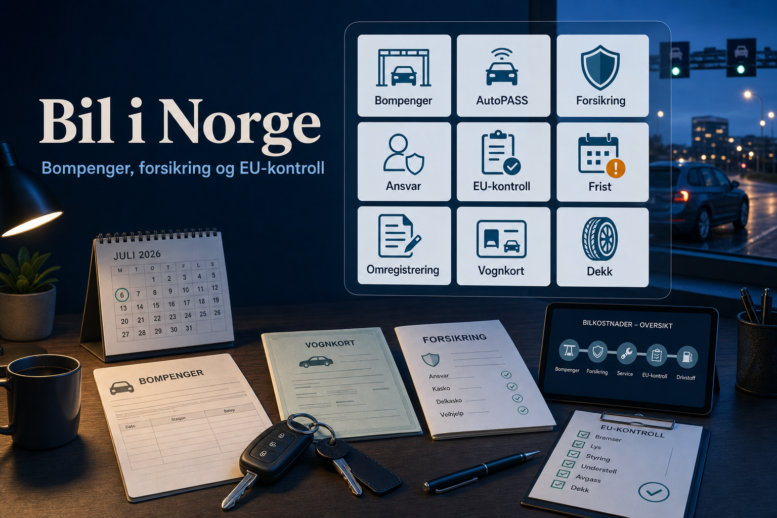 Illustrasjon av bil i Norge med bompenger, AutoPASS, forsikring, ansvar, EU-kontroll, frist, omregistrering, vognkort og dekk