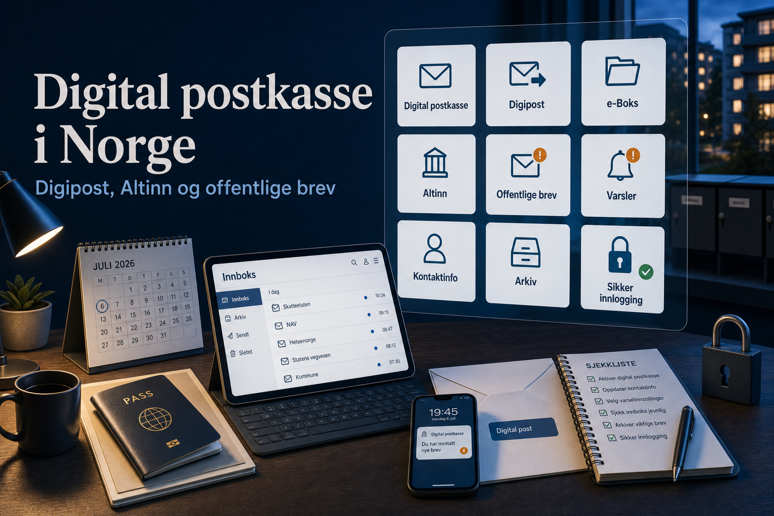 Illustrasjon av digital postkasse i Norge med Digipost, e-Boks, Altinn, offentlige brev, varsler, kontaktinfo, arkiv og sikker innlogging