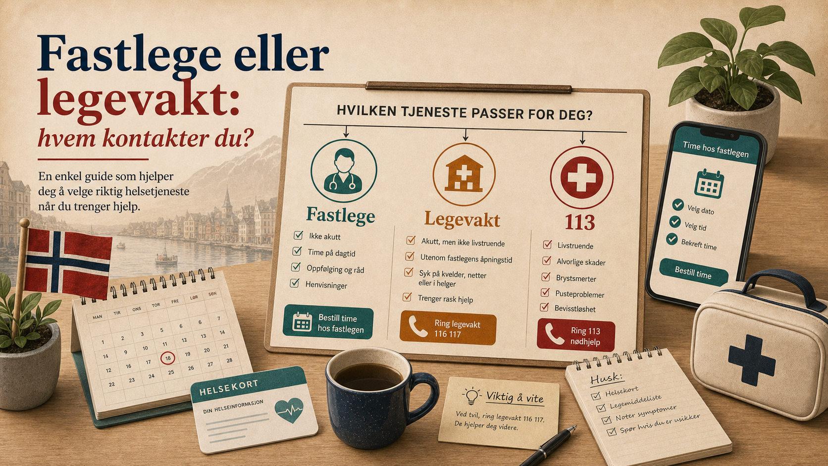 Illustrasjon av valg mellom fastlege, legevakt og 113 med scenarioer, telefon, helsekort og kalender